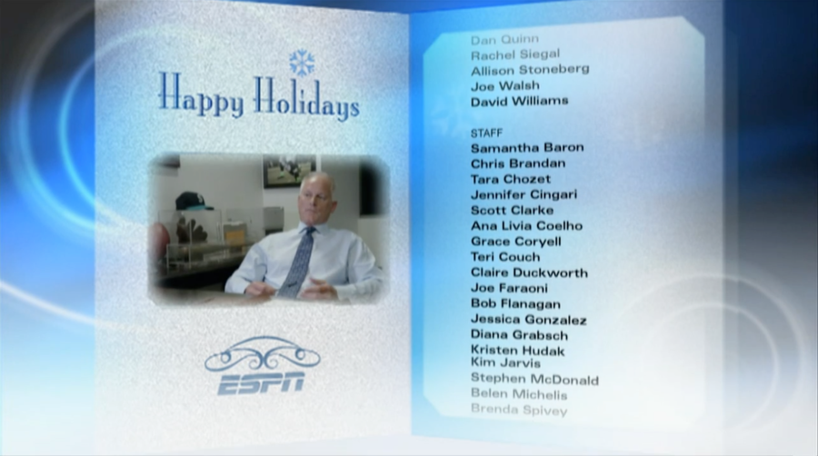 This yearâ€™s holiday credit roll will debut at the end of the 11:30 p.m. ET edition of SportsCenter on Wednesday, Dec. 24