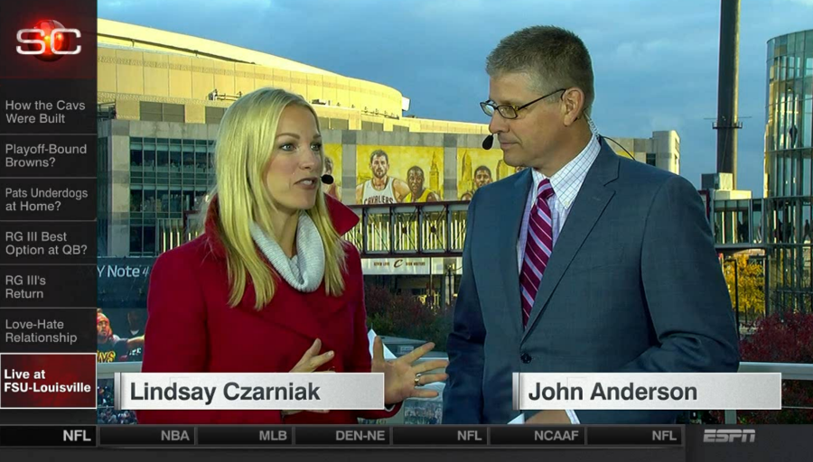 SportsCenter anchors Lindsay Czarniak and John Anderson in Cleveland  prior to LeBron Jamesâ€™ return in the Cavsâ€™ home opener against the Knicks. (ESPN)