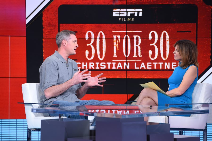 Former Duke basketball star Christian Laettner (l) spoke with SportsCenter anchor Hannah Storm about his new 30 for 30 film I Hate Christian Laettner. (Joe Faraoni / ESPN Images)