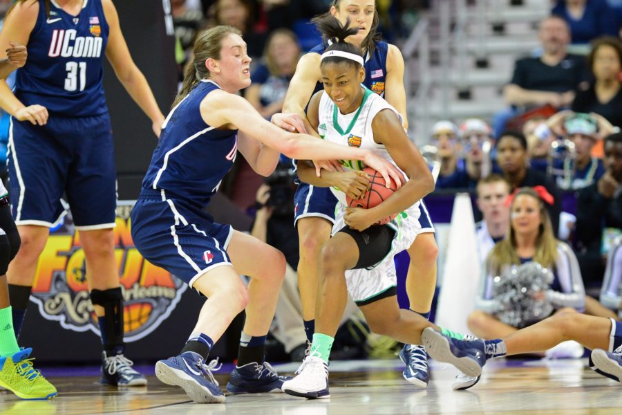 Longtime rivals Notre Dame's Jewell Loyd (right) and UConn's Breanna Stewart meet again tonight on ESPN in the 2015 Women's Final Four Championship Game. (Phil Ellsworth / ESPN Images)