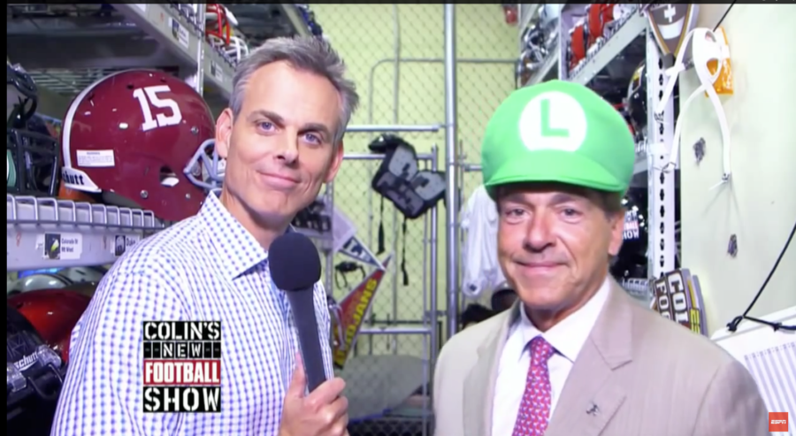 ESPN Radio's Colin Cowherd (l) with Alabama head football coach Nick Saban in a segment from "Colin's Football Show."