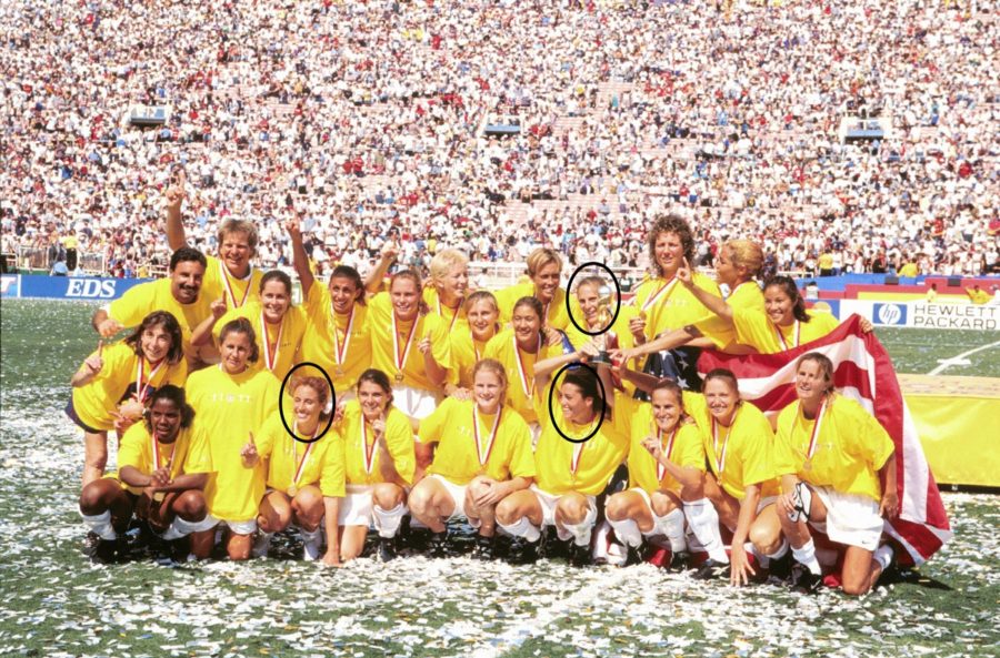 The US Womenâ€™s team after defeating China in a double overtime penalty kick to win the 1999 World Cup. Circled are players on that team who are now ESPN soccer analysts: Circled top row: Kristine Lilly; Circled bottom left: Kate Markgraf; Circled bottom right: Julie Foudy (Craig Sjodin/ABC)