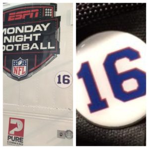 A decal of Giffordâ€™s No. 16 will be placed on all of the Monday Night Football production trucks this season; Mike Tirico and Jon Gruden will wear No. 16 lapel pins during games. (Photo courtesy Bill Hofheimer)