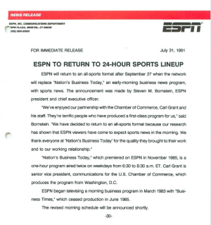 Press release from 1991 outlining ESPNâ€™s return to the all-sports format.