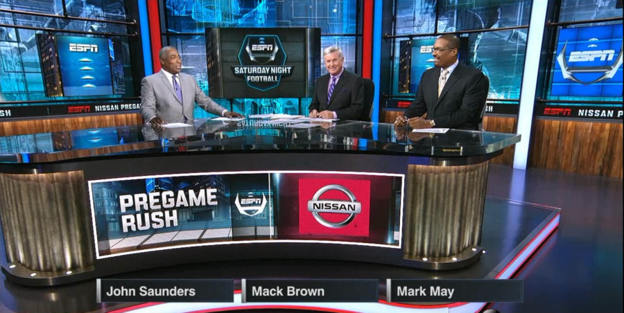 From the redesigned Studio G set this past Saturday, (L-R) host John Saunders joined analysts Mack Brown and Mark May for Saturdayâ€™s ABC studio college football coverage. 