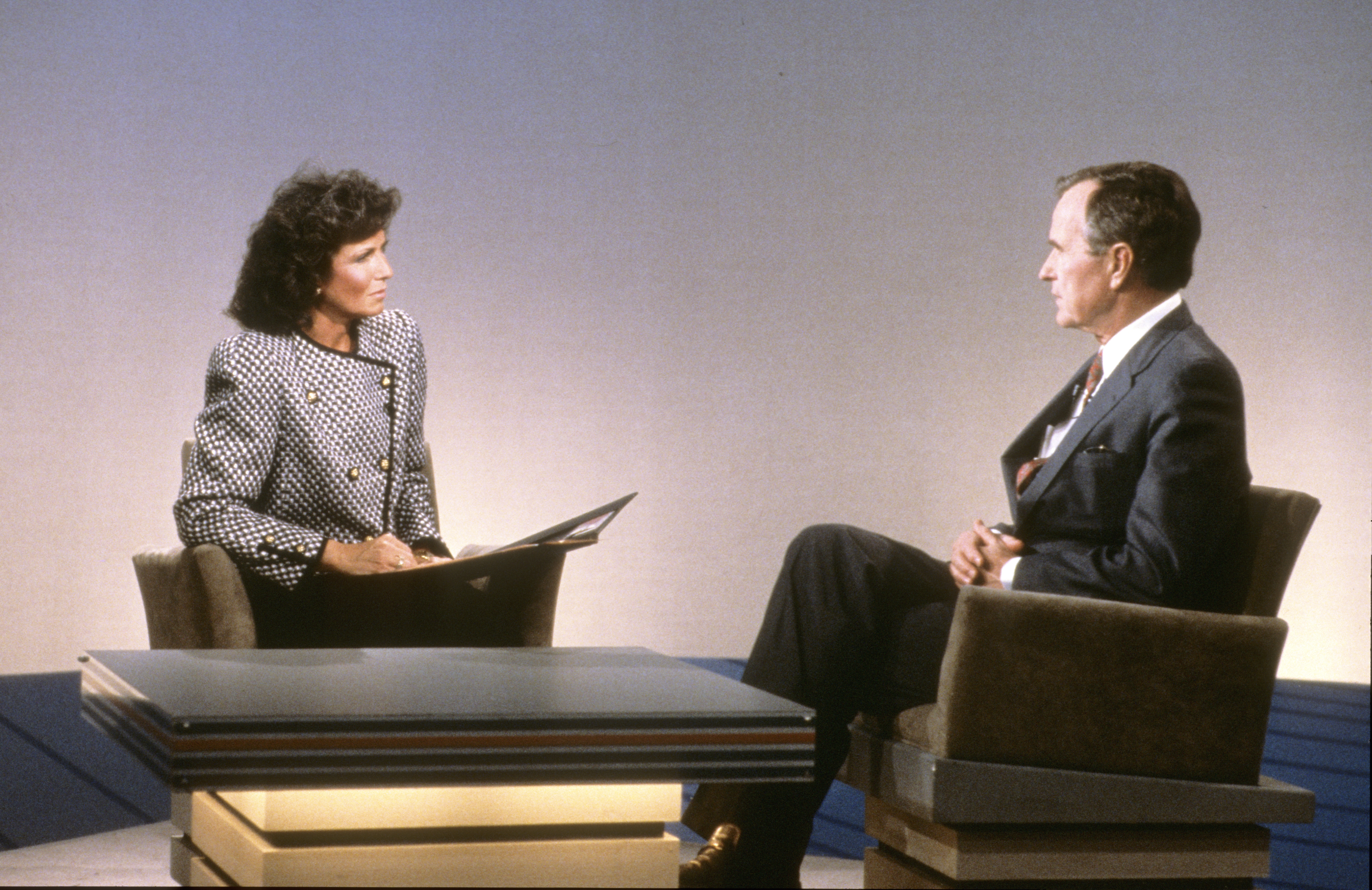 Nationâ€™s Business Today host Meryl Comer on the set with former President, then Vice President, George Bush (Courtesy Nationâ€™s Business Today)