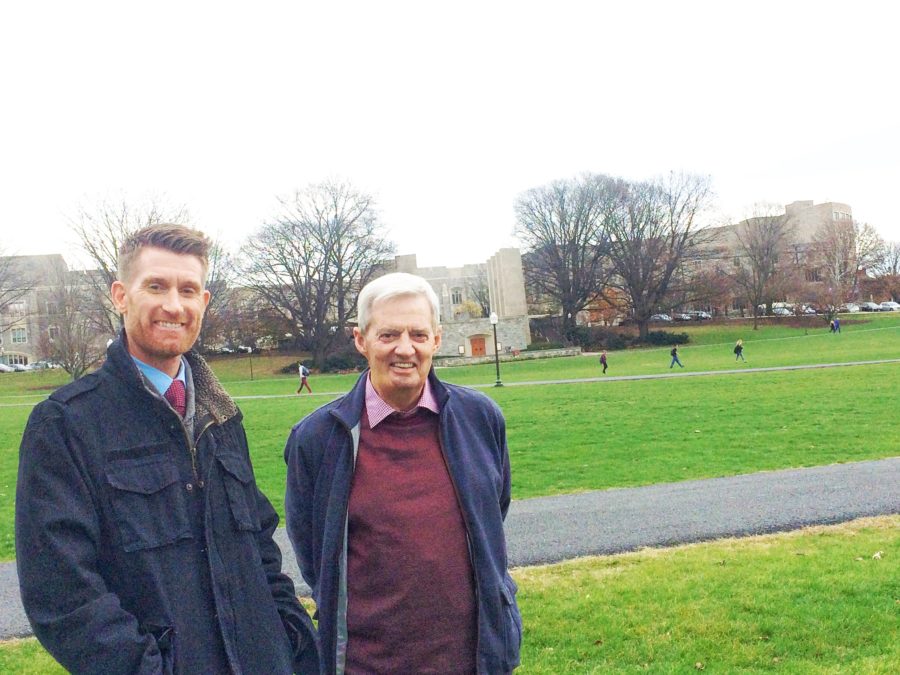 ESPN's Marty Smith (left) visits legendary Virginia Tech football coach Frank Beamer for interviews airing Saturday on SportsCenter and College GameDay. (@VT_Football)