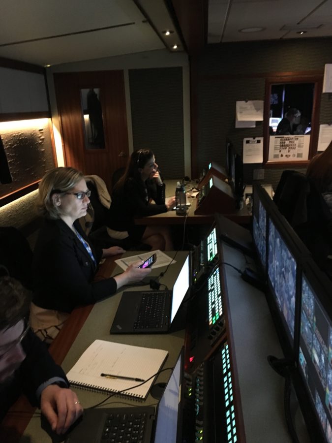 ESPN Senior Vice President, Tina Thornton, who is responsible for overseeing the networkâ€™s extensive coverage of the NCAA Womenâ€™s Basketball Tournament, works in the production truck. (Gracie Blackburn/ESPN)