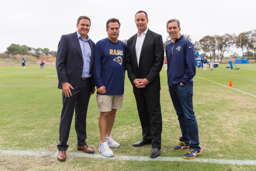 (L-R) ESPNLA VP and GM Scott McCarthy,; Rams head coach Jeff Fisher; Peter Burton, President/GM, Entercom; Kevin Demoff, EVP and CEO, LA Rams (Photo courtesy of the L.A. Rams)