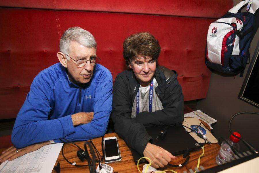 Amy Rosenfeld (right), senior coordinating producer and head of production for UEFA EURO 2016 on ESPN, and senior production specialist Geoffrey Mason, a longtime,  highly accomplished sports television executive, in a remote production truck at ESPNâ€™s host set location along the banks of River Seine in Paris. (Catherine Steenkeste/ESPN Images)