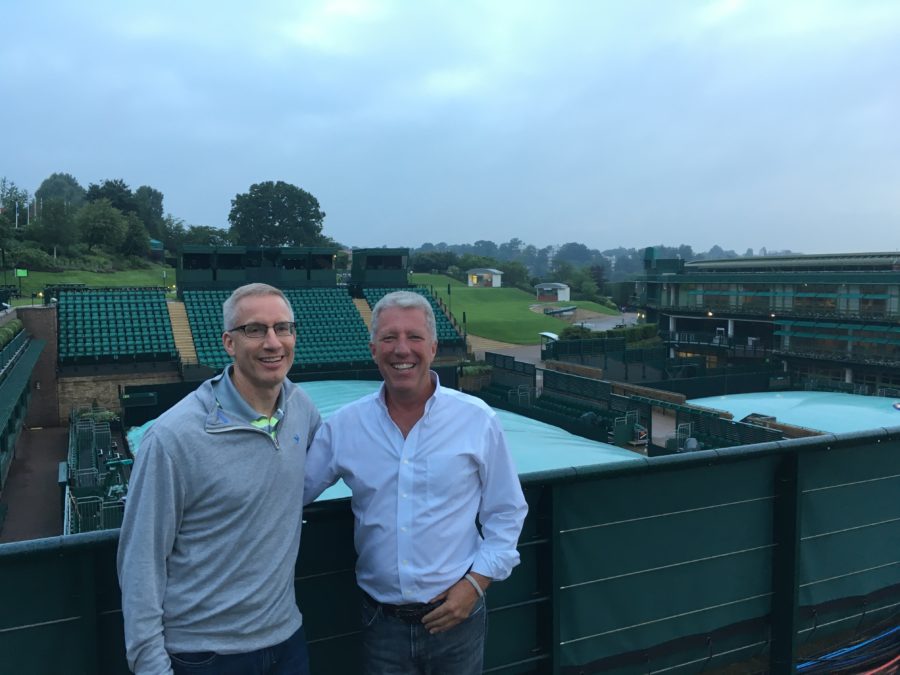 Mark Gross (left) and Vice President, Event Production, Jamie Reynolds, overlooking Court 18, just outside the ESPN offices at Wimbledon. Reynolds is the head of production for ESPNâ€™s exclusive coverage of Wimbledon. 