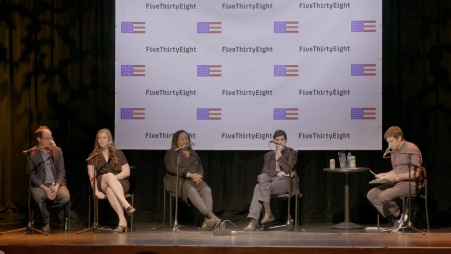(L-R) FiveThirtyEightâ€™s Editor-in-Chief Nate Silver, senior political writer Clare Malone, senior writer Farai Chideya, senior political writer and analyst Harry Enten and producer and moderator Jody Avirgan.