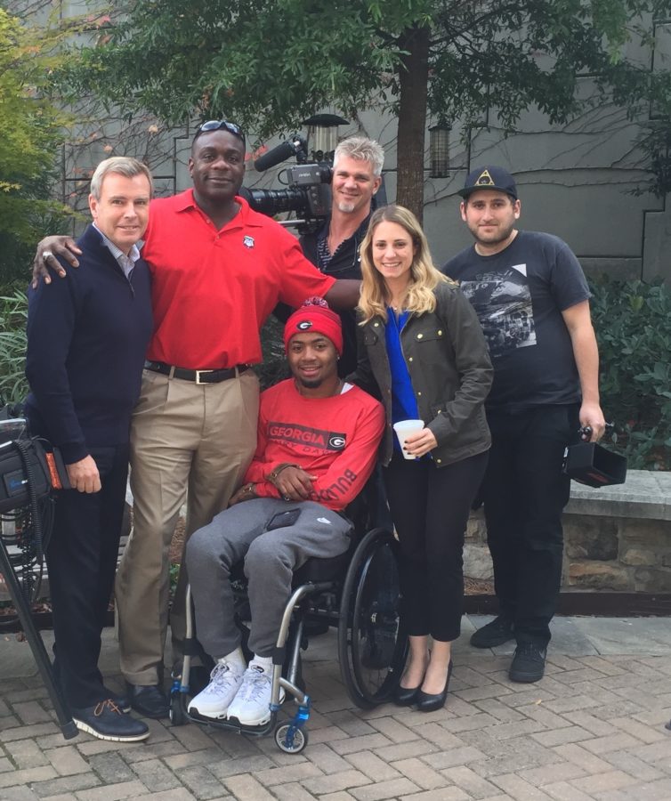Devon Gales (seated);Standing, L-R: Tom Rinaldi, UGA program coordinator Bryan Gantt,  Kristen Lappas. :Back: Camera operators Terence Oâ€™Kane and Matt Knapp (Kristen Lappas/ESPN)