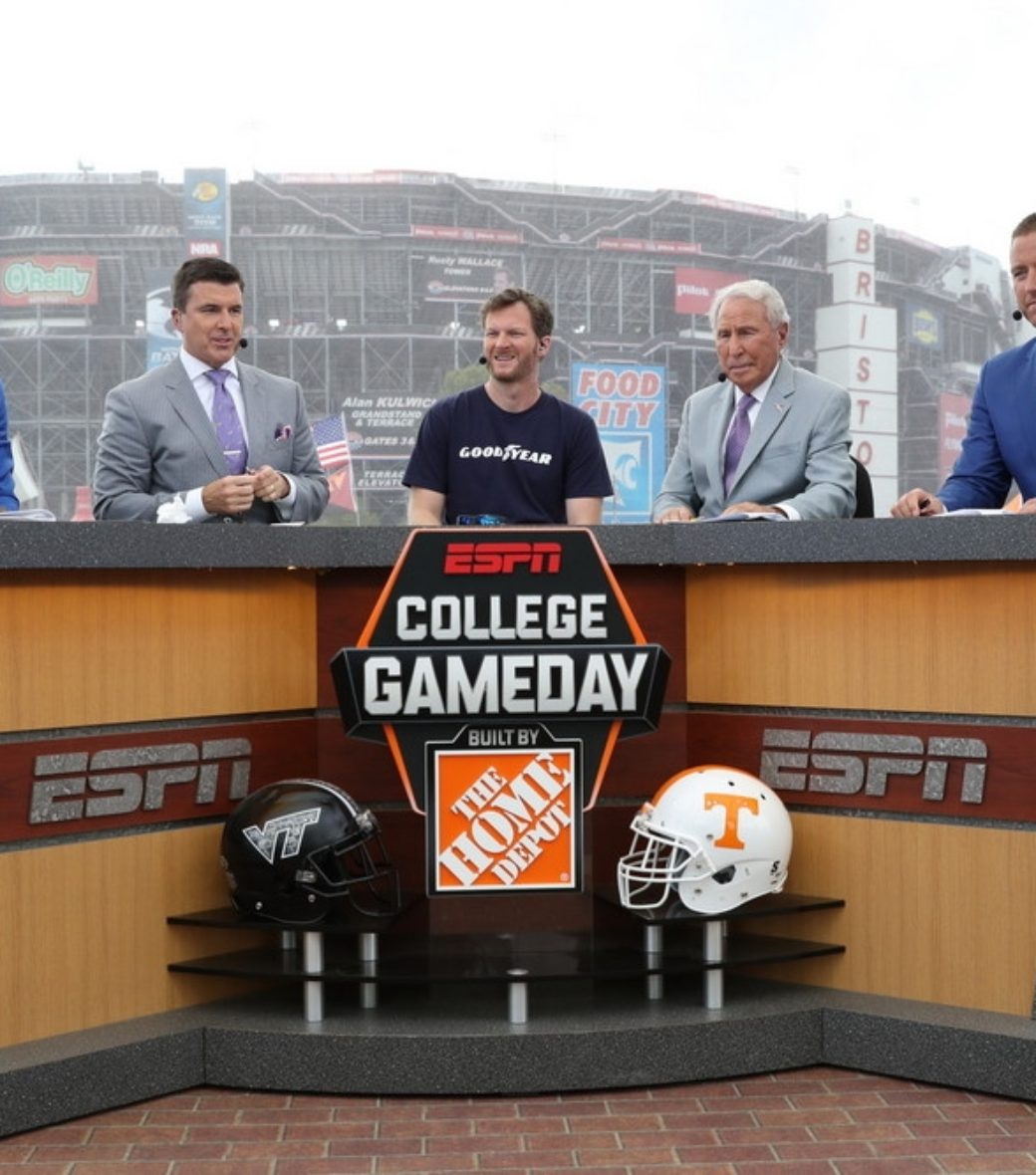 NASCAR expert Gaiero welcomed guest picker Dale Earnhardt Jr. (center) for a show at Bristol Motor Speedway. (Allen Kee/ESPN Images)