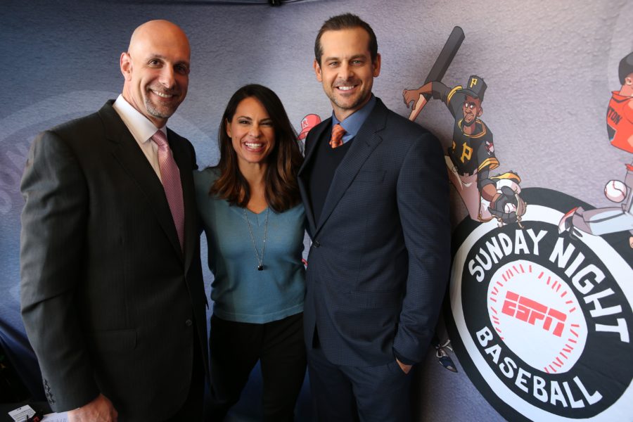 Dan Shulman, Jessica Mendoza and Aaron Boone during a regular season Sunday Night Baseball game. (Photo by Allen Kee/ESPN Images)