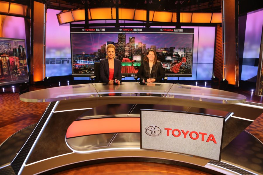 Host Michele Beadle (L) counts on NBA Countdown producer Lisa James. (PHOTO CREDIT TO COME)