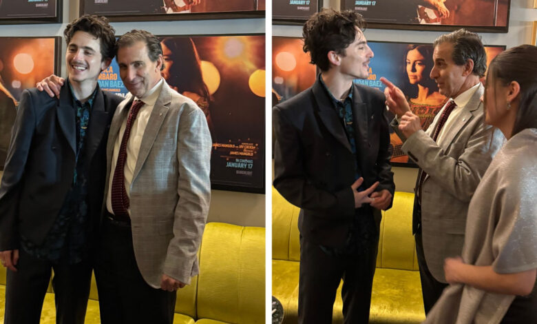 TimothÃ©e Chalamet and Mad Dog Russo meet at the London premiere of "A Complete Unknown"