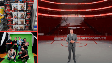 Top Left: launching â€œVirtual Reality, ESPN" Costco display; Bottom Left: Team that worked on the project; Right: SportsCenter, NHL and WWE Content host Arda Ã–cal filming the experience.