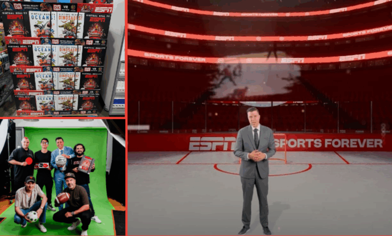 Top Left: launching â€œVirtual Reality, ESPN" Costco display; Bottom Left: Team that worked on the project; Right: SportsCenter, NHL and WWE Content host Arda Ã–cal filming the experience.